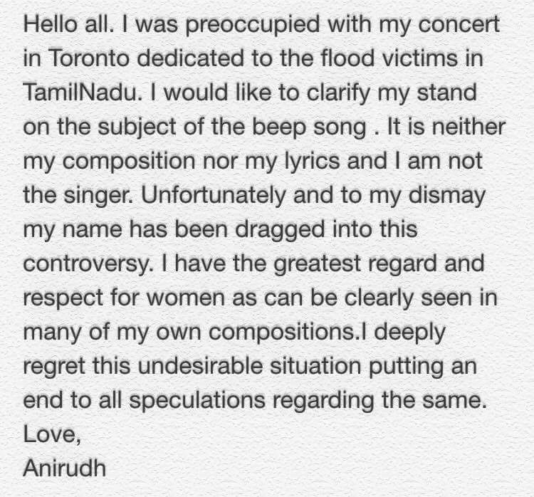 Anirudh Statement about ‘Beep Song’ – Scooptimes