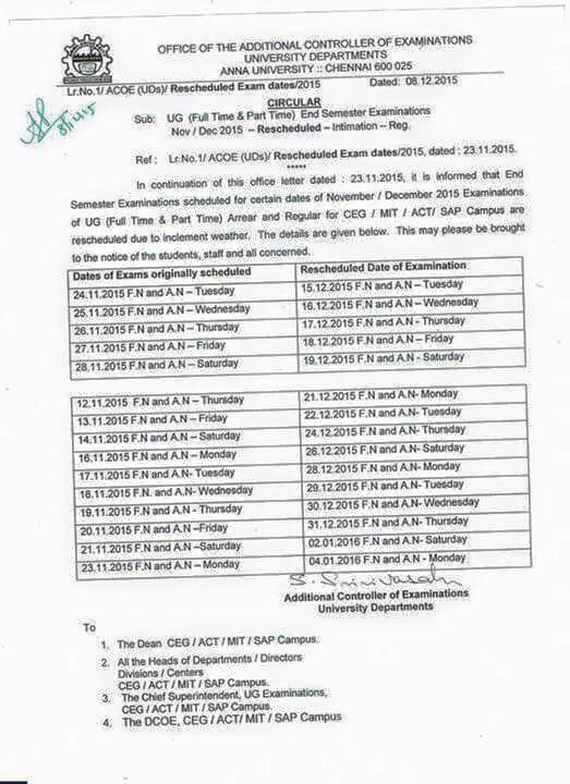 Anna University Jan 2016 Exam Rescheduled Time table