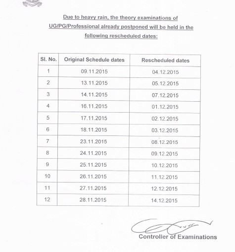Madras University UG /PG Professional Postponed Exam Dec 2015 Time Table – Scooptimes