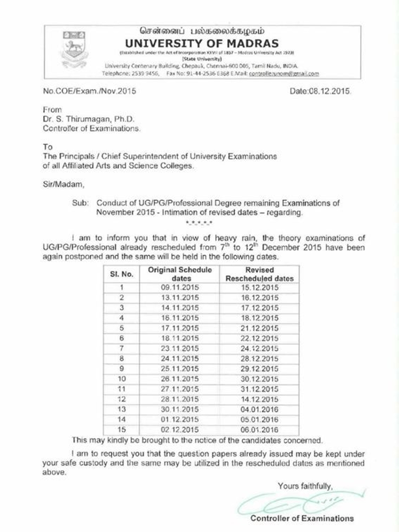 Madras University UG /PG Professional Postponed Exam Dec 2015 Time Table – Scooptimes
